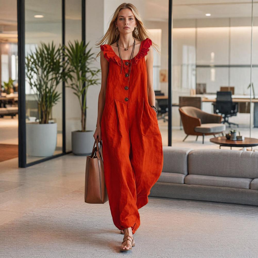 Jumpsuit Linen Relaxed - Dames jumpsuit Ademende, ontspannen pasvorm Romper