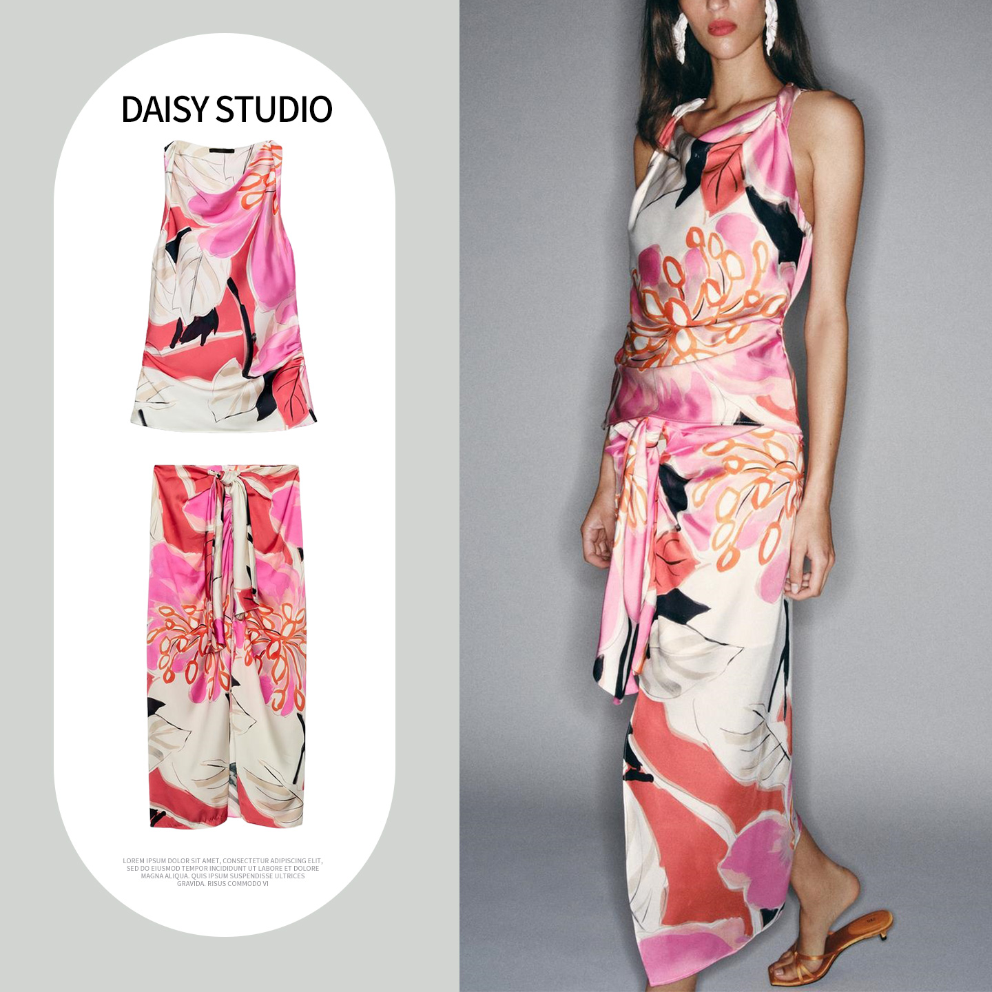 Midi Skirt Floral - Hoge taille, midi-rok, jurk met ronde