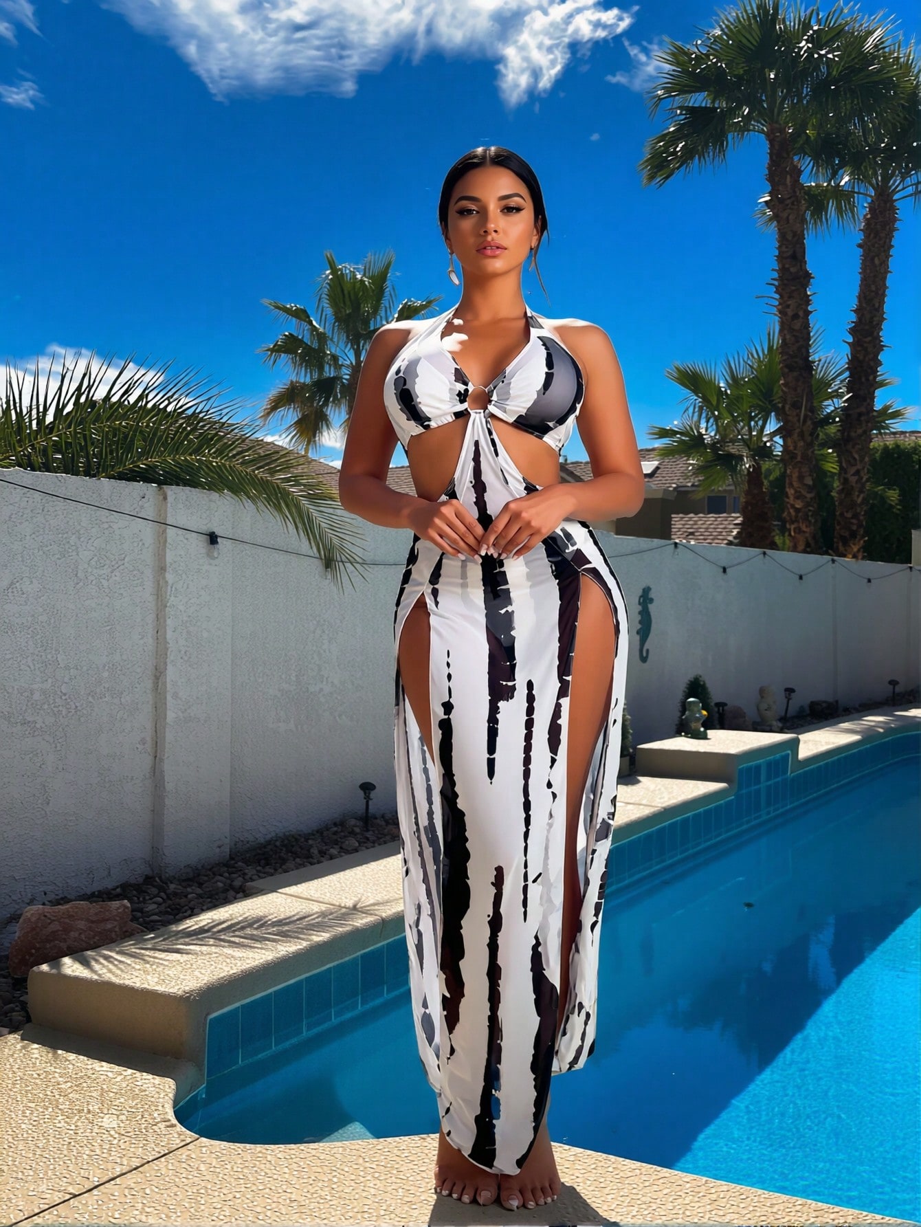 Maxi Dress Halter - Nieuwe zwart-witte tie-dye 3-delige bikiniset, halterjurk